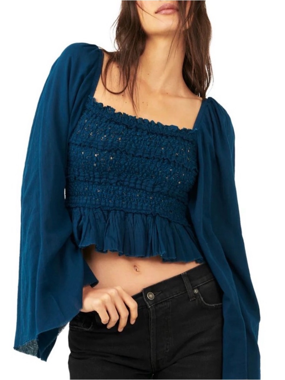 Free People One Afton Smocked Square-Neck Crop Top Teal Medium Boho Bell Sleeve